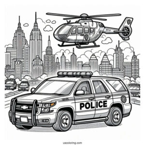 Police Car Coloring Page And Helicopter In The City