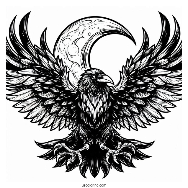 Scary Raven Coloring Page Spreading Its Wings