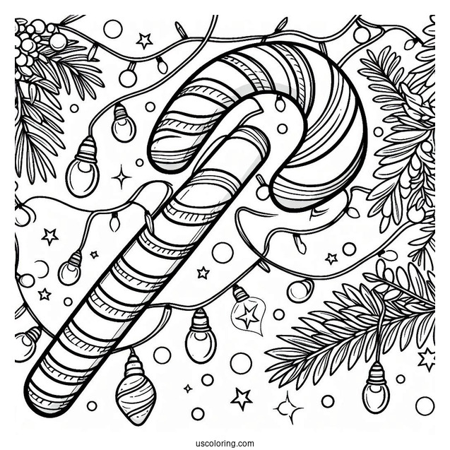 Easy Candy Cane Coloring Page Surrounded By Christmas Lights