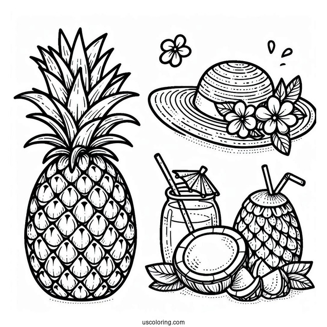 Summer Pineapple Coloring Page With Hat and Coconuts