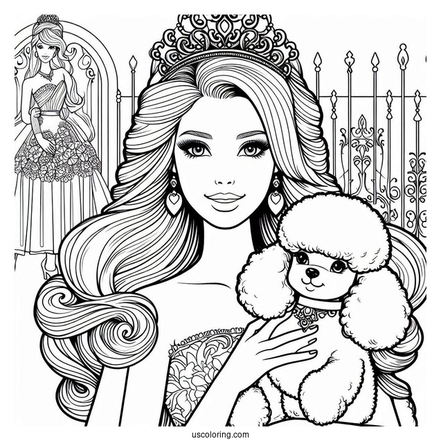 Barbie Holding Poodle Dog To Color