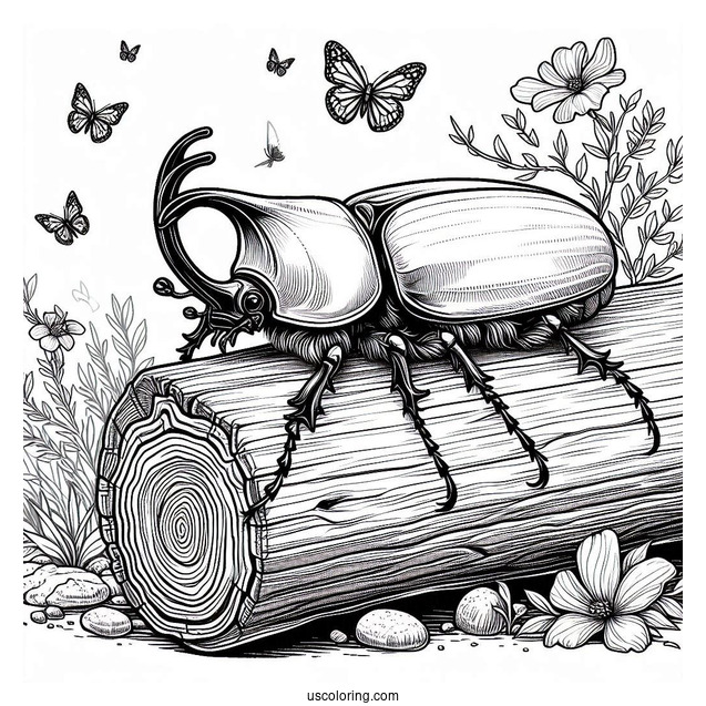 Hercules Beetle Coloring Page On A Log For Kids