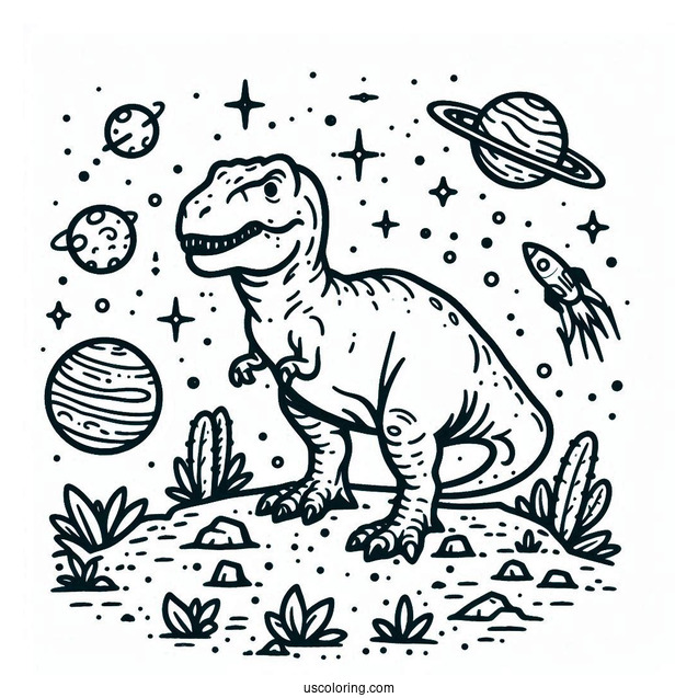 Easy To Color T-Rex Dinosaur With Astroids
