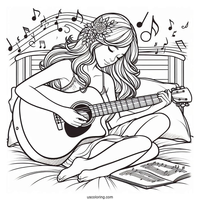 Music Coloring Page Of Woman Playing Acoustic Guitar On Bed