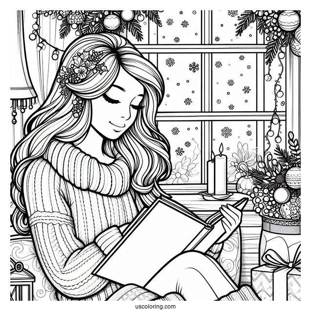 Christmas Coloring Pages For Adults Of Woman Reading Book Beside Window On Christmas Day