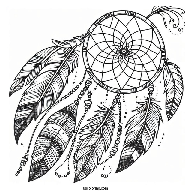 Native American Coloring Page Of Dreamcatcher With Long Feather