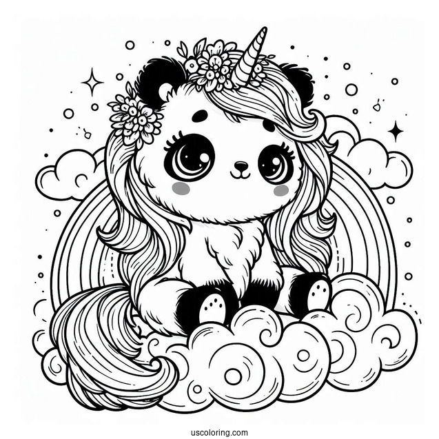 Magical Panda Coloring Page Unicorn with Fluffy Mane