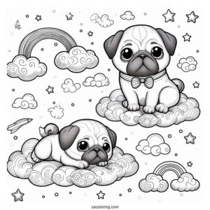 Lovable Pug Coloring Page Puppy Floating in the Clouds