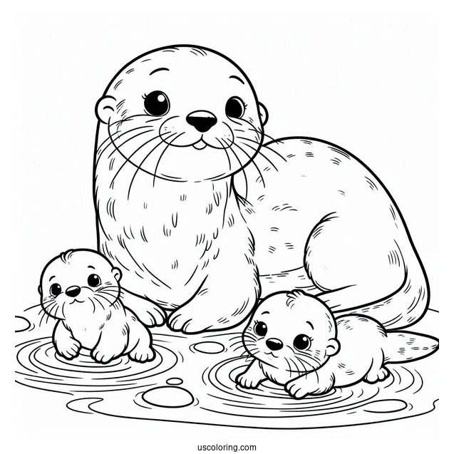 Mama And Papa Otter Coloring Page With Babies Floating On River
