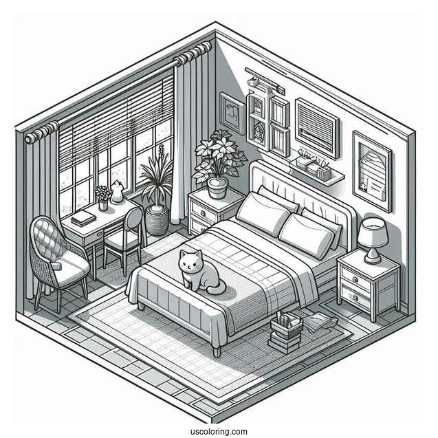 Modern Isometric Bedroom Coloring Page With A Large Cat