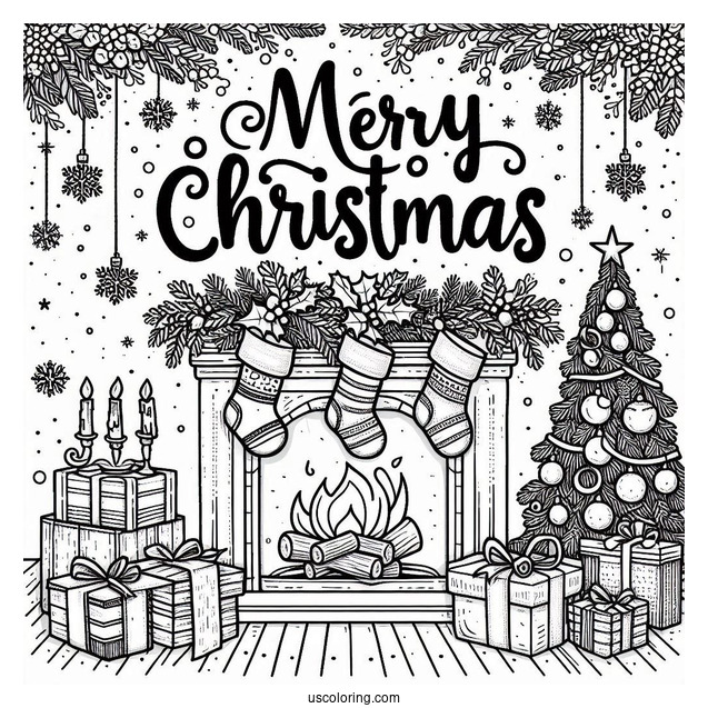 Christmas Coloring Pages For Adults Of Merry Christmas Words On Top Of Fireplace With Stockings