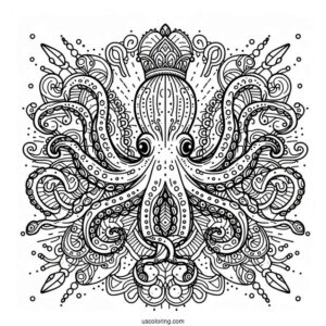 Intricate Nautical Mandala With Octopus Coloring Page In The Middle