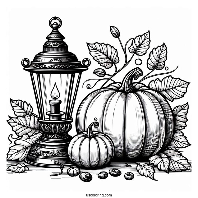 Pumpkin Coloring Page Beside A Vintage Lamp