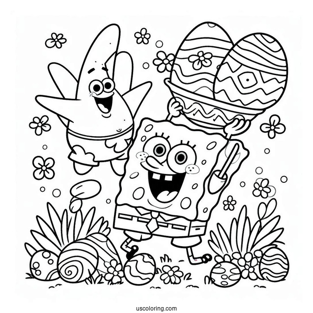 Easter Coloring Page Of SpongeBob And Patrick Star Throwing Easter Eggs