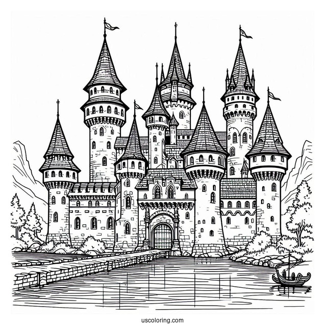 Medieval Castle Coloring Page With Moat