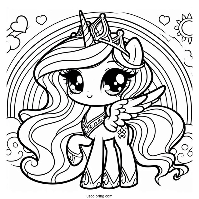Cute Chibi Princess Celestia Coloring Page With Rainbow In The Background
