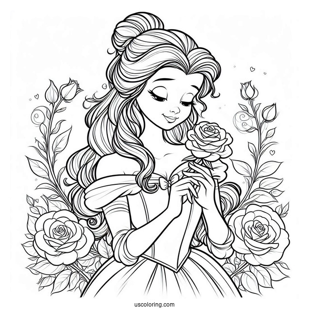 Detailed Coloring Page Of Belle Holding a Rose