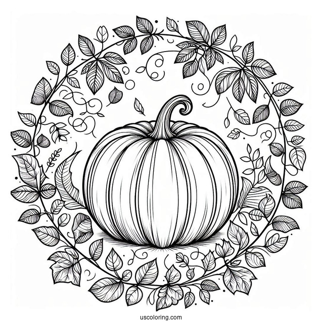 Round Pumpkin Coloring Page Surrounded By Leaves And Vines