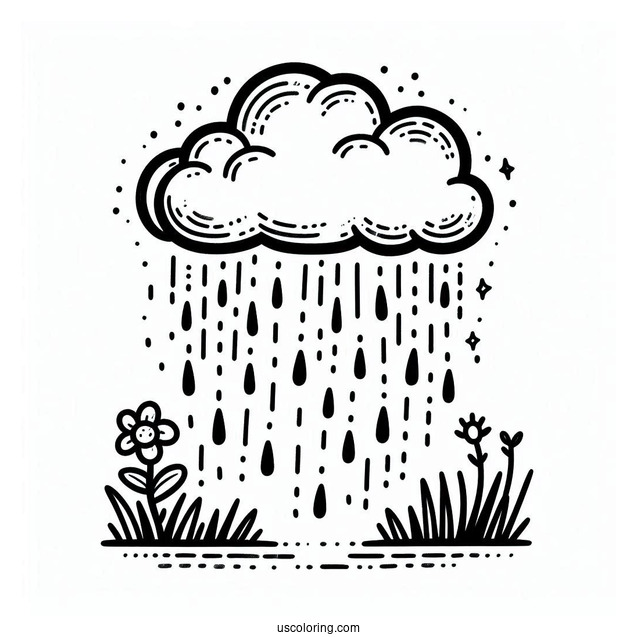 Simple Cloud with Rain Coloring Page And Thunder For Kids