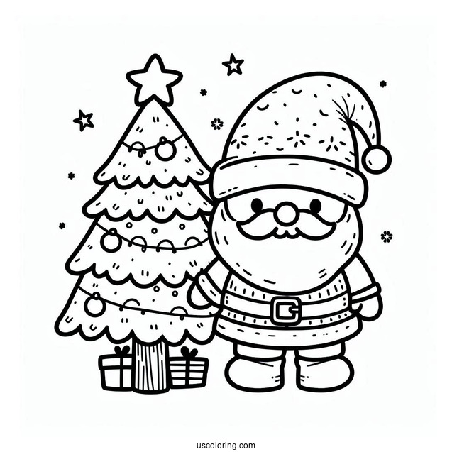 Santa Claus With Christmas Tree Coloring Page