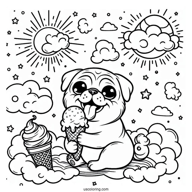 Pug Coloring Page Enjoying Ice Cream Cone In The Clouds for Kids