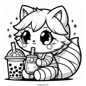 Chibi Raccoon Coloring Page Drinking Boba Tea For Kids