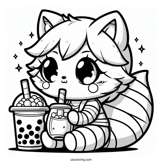 Chibi Raccoon Coloring Page Drinking Boba Tea For Kids