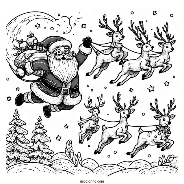 Santa Flying In The Sky With His Reindeer