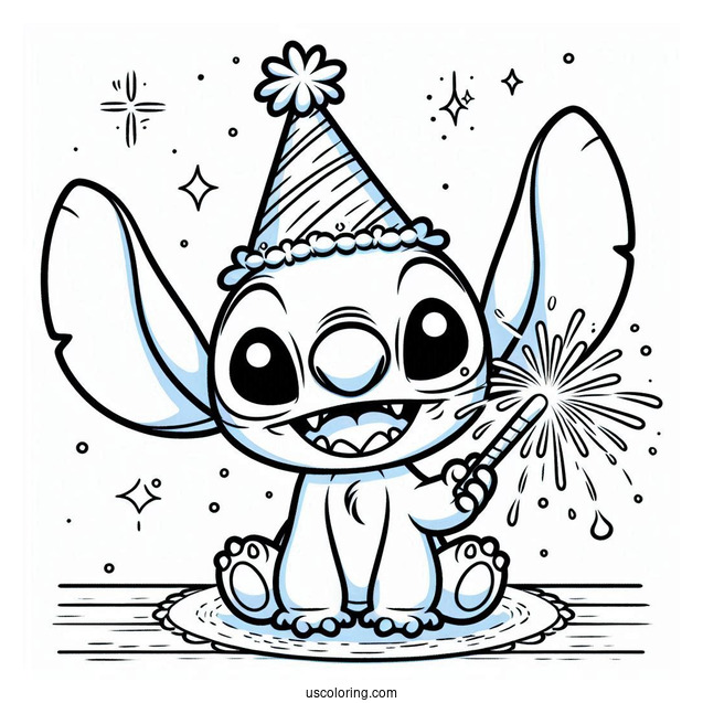 New Year Coloring Page Of Smiling Stitch With A Party Hat And A Sparkler