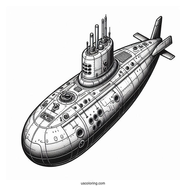 Top View Of Detailed Submarine Coloring Page