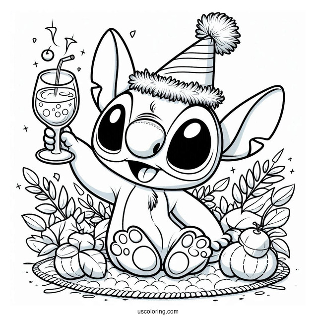 Stitch Wearing A Party Hat And Holding Up A Wineglass On The New Year Coloring Page