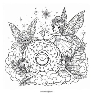 Fairies Surrounding A Donut Coloring Page In The Clouds