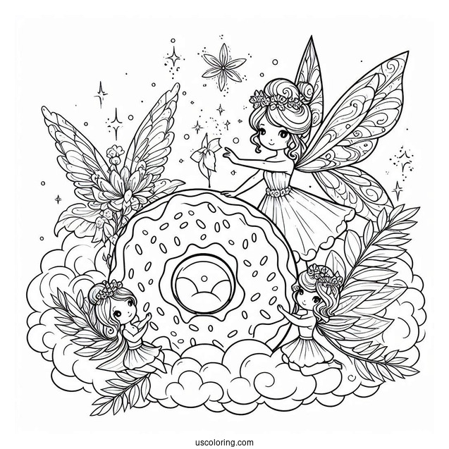Fairies Surrounding A Donut Coloring Page In The Clouds