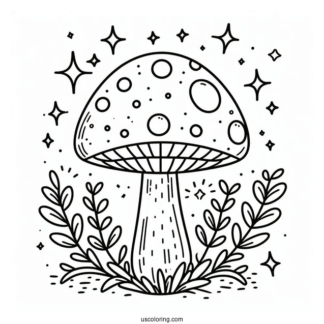 Mushroom Coloring Page With Spotted Cap And Sparkly Background