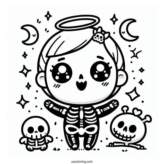 Chibi Skeleton Coloring Page For Preschoolers