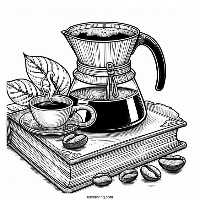 Coffee Coloring Pages Of Freshly Brewed Pour Over Coffee In Front Of Open Book