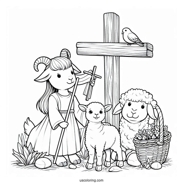 Goat, Lamb, And Donkey Under A Wooden Cross Coloring Page For Kids