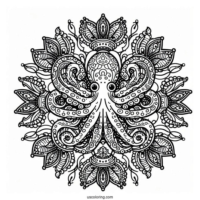 Intricate Nautical Mandala With Octopus Coloring Page In The Middle