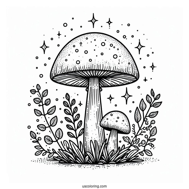 Beautiful Mushroom Coloring Page Growing With Weeds