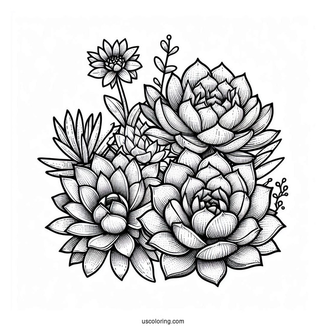 Pretty Echeveria And Haworthia Succulent Coloring Page