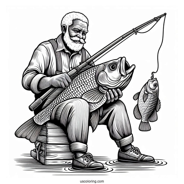 Old Man Holding Large Fish And Fishing Coloring Page Rod For Kids