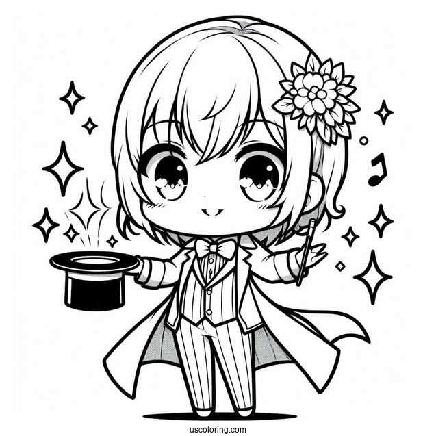 Chibi Coloring Page Stage Magician Wowing the Crowd with Magic Tricks