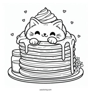 Cat Resting On Top Of Pancake Coloring Page Tower With Melting Butter For Preschoolers