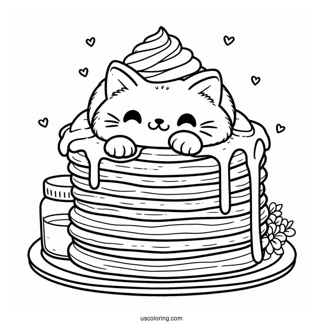 Cat Resting On Top Of Pancake Coloring Page Tower With Melting Butter For Preschoolers
