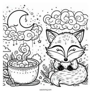 Detailed Fox Coloring Page Holding Cup In Clouds
