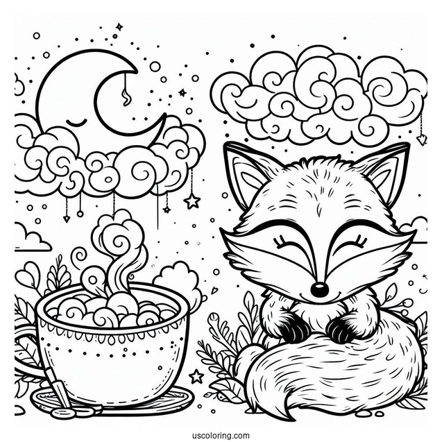 Detailed Fox Coloring Page Holding Cup In Clouds