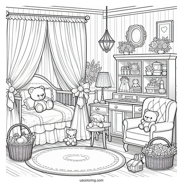 Quaint Bedroom Coloring Page With Canopy, Armchair, And Stuffed Toys