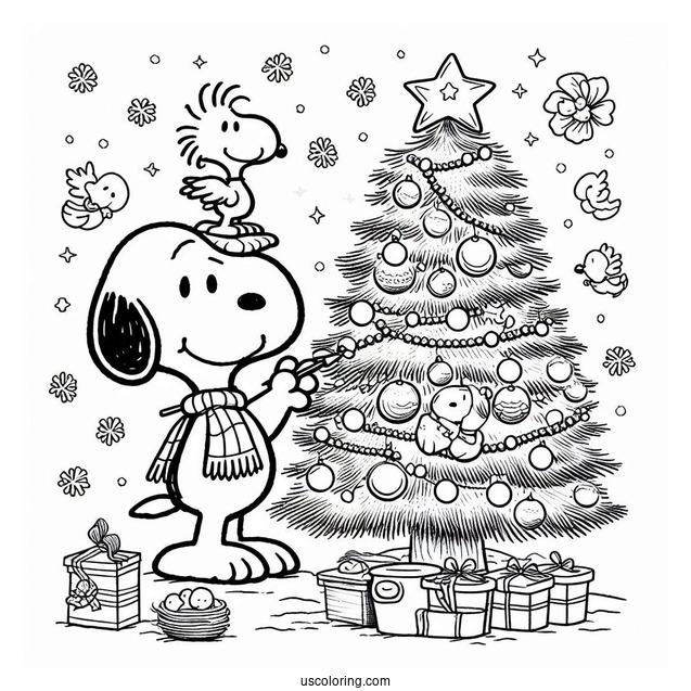Snoopy And Woodstock Decorating Christmas Tree To Color