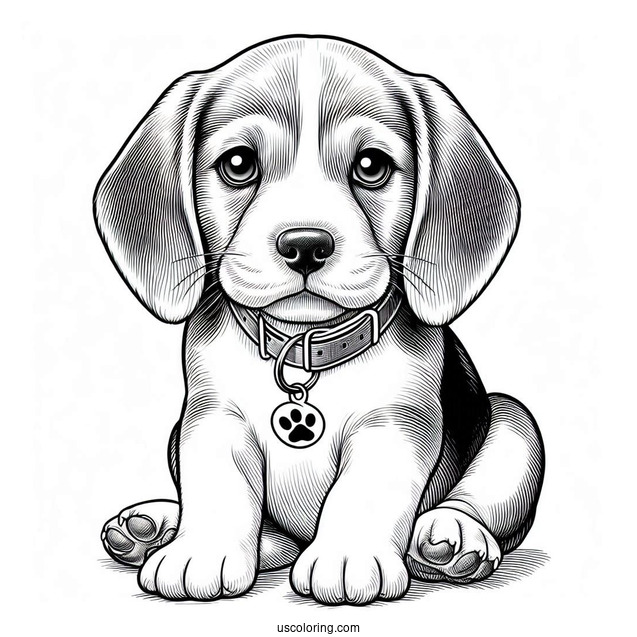Coloring Page Of Realistic Beagle Puppy With Collar