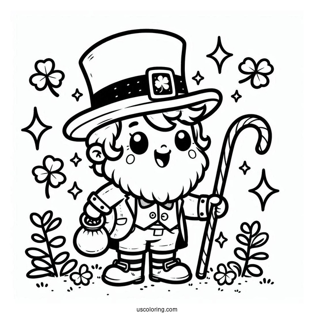 St. Patrick's Day Coloring Page Kawaii Leprechaun With A Cane